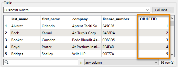 Viewing the new OBJECTID column in Table View